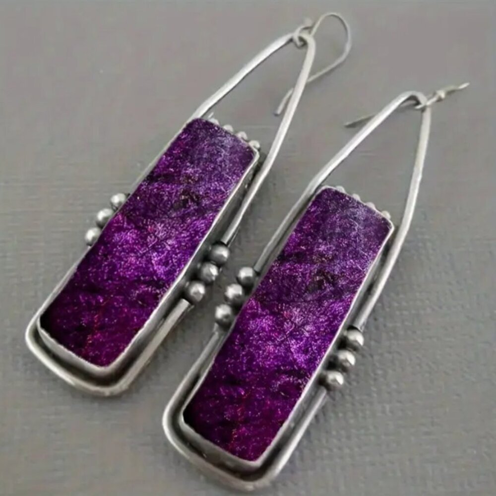 Retro Bohemian Geometric Purple Galaxy Dangle Earrings - Picture 2 of 2